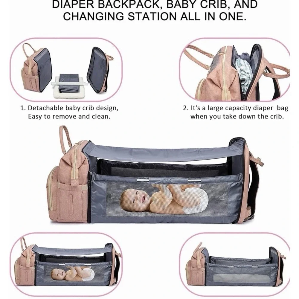 Land Large Gray Pink Diaper Backpack with Changing Pad and Adjustable Strap